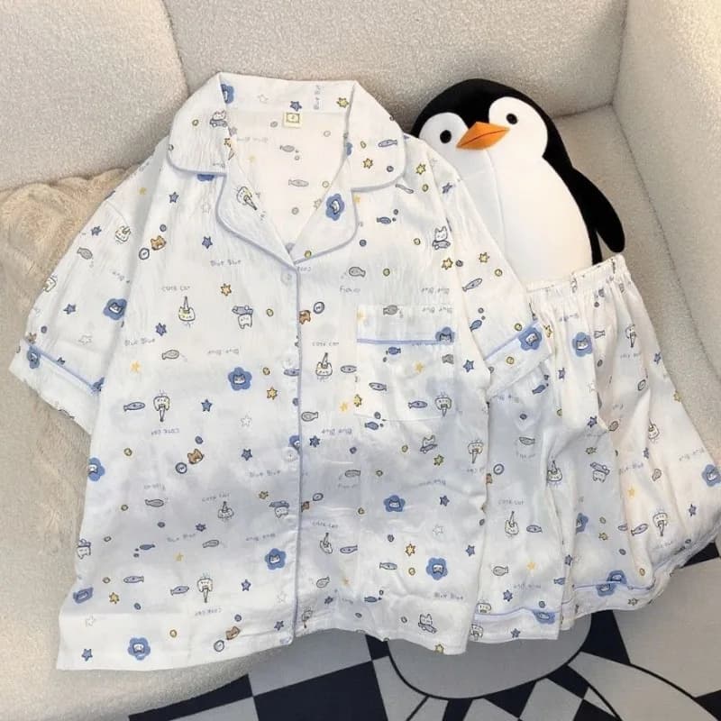 Set Pigiama Estivo da Donna con Simpatico Gatto Cartoon, Abbigliamento per Casa Y2K, Due Pezzi Leggeri e Casual con Maniche Corte e Pantaloncini