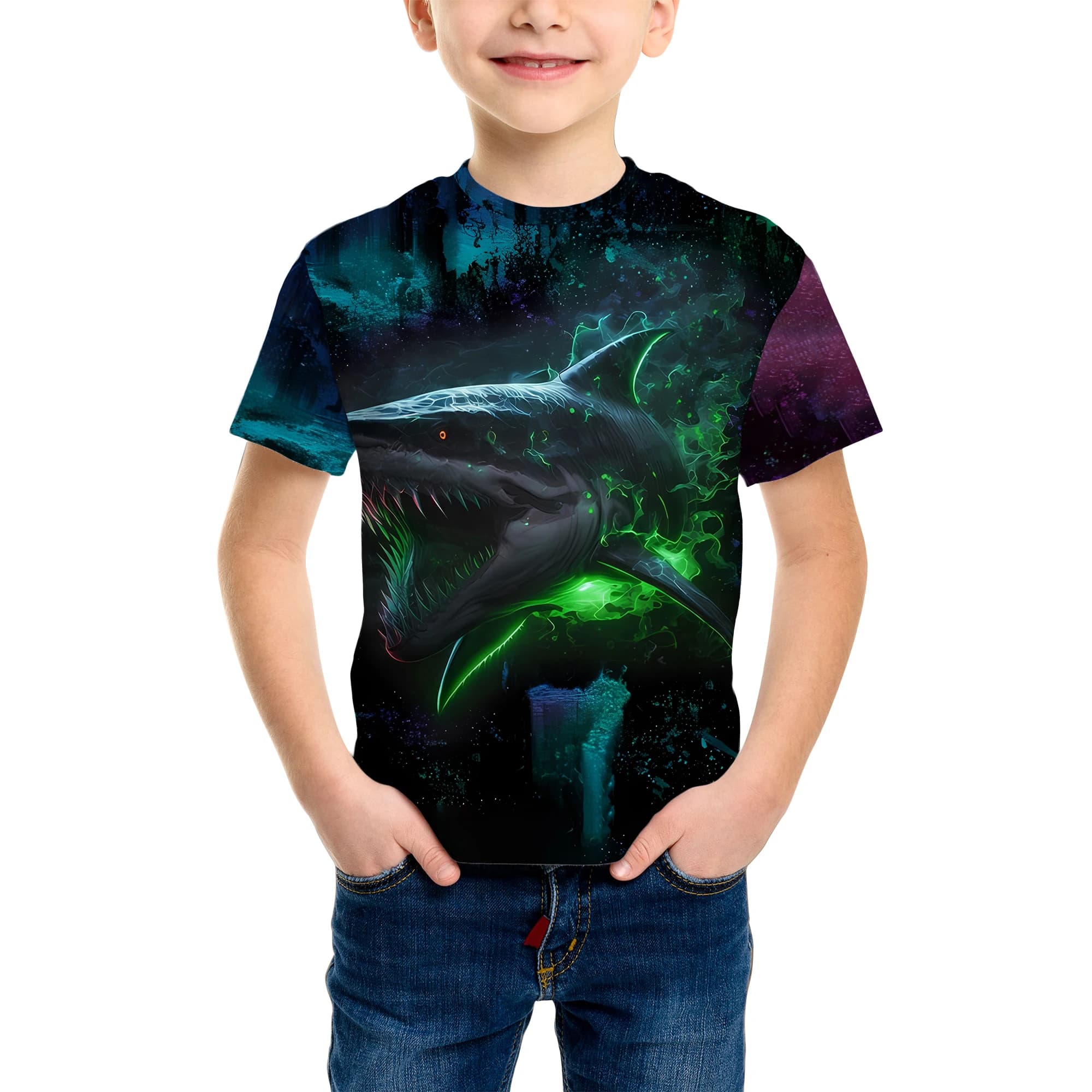 3D Shark Pattern Printing Fashion T-Shirt Shark Element Printing Summer New Boy Personalized Cool Tops Kids Funny T Shirt