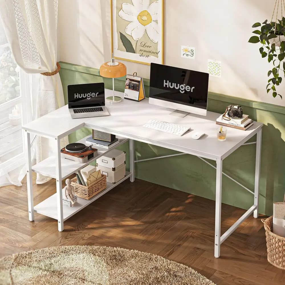 Scrivania a L 47 con angolo di archiviazione reversibile, per gaming, con struttura in metallo, bianca