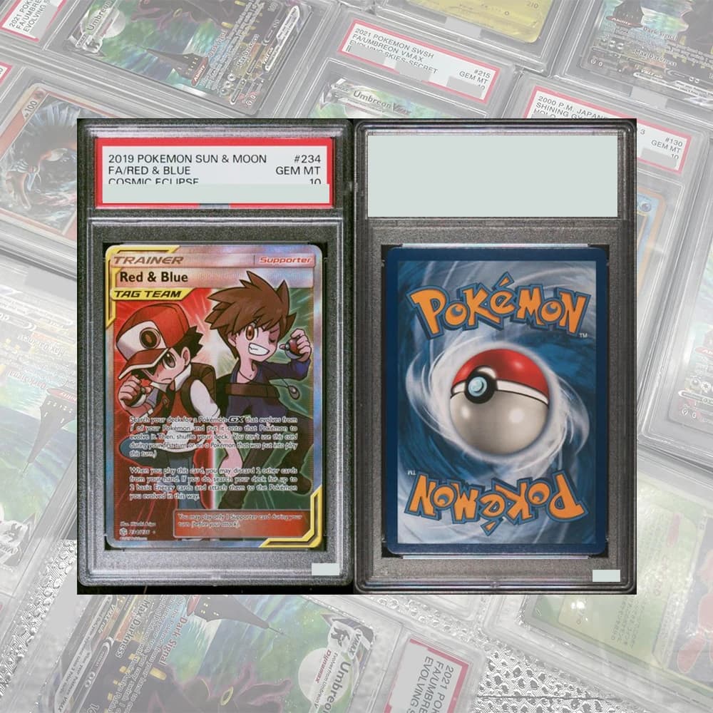 Scheda di raccolta classificata Proxy PTCG fai-da-te Eclipse cosmico: Red & Blue Ash Gary Full Art Trainer 234/236 GEM MT10 Etichette olografiche