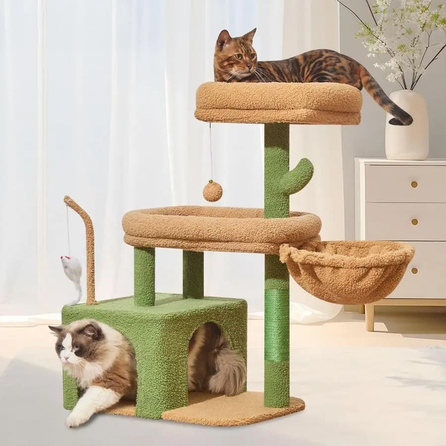MS043T Albero per gatti, Torre per gatti da 32,2 pollici per gatti da interno, Condo per gatti con grande pesce persico per gatti, Spaziosa grotta per gatti, Tiragraffi per Sm