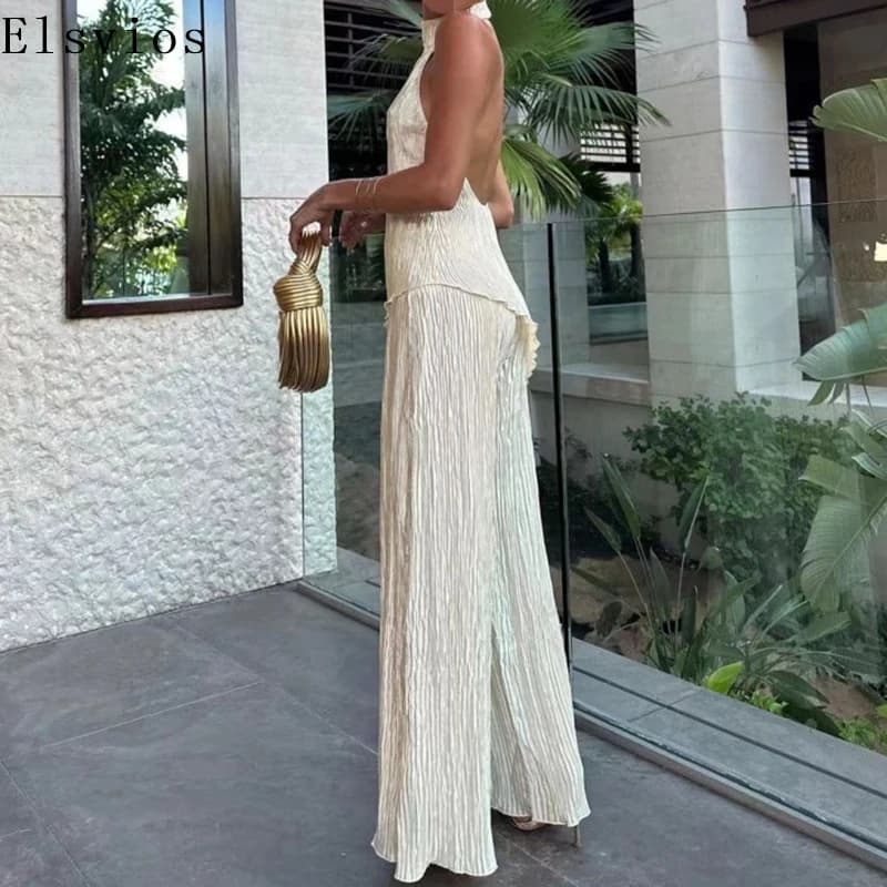 Backless blouse with American neckline and wide leg trousers Elegant summer set in two pieces Party Club Suit 2025 Chic feet Women's dress