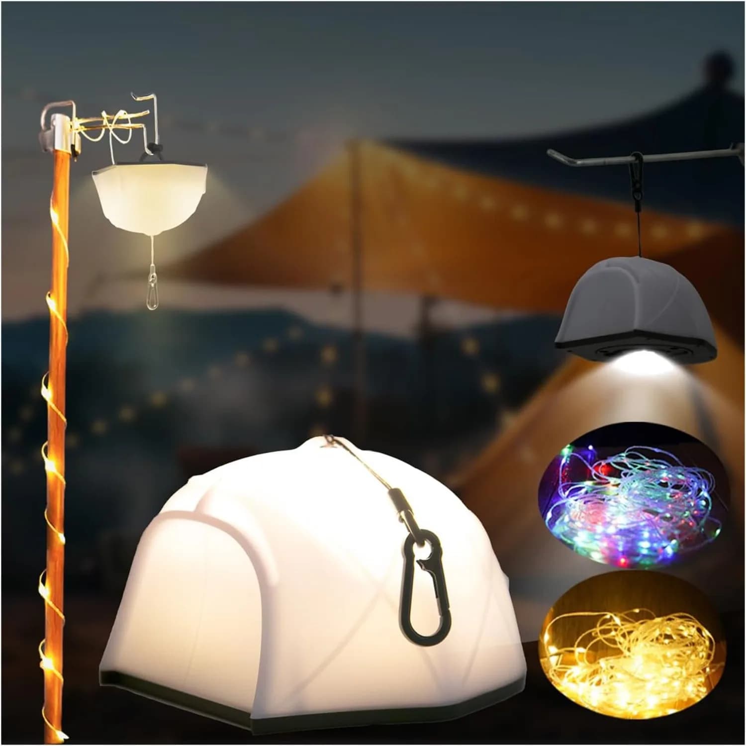 Stringa da campeggio 4IN1 Stoccaggio rapido Luci per tende da 49FT 9 modalità Lampada LED portatile sospesa ricaricabile da 4000 mAh impermeabile