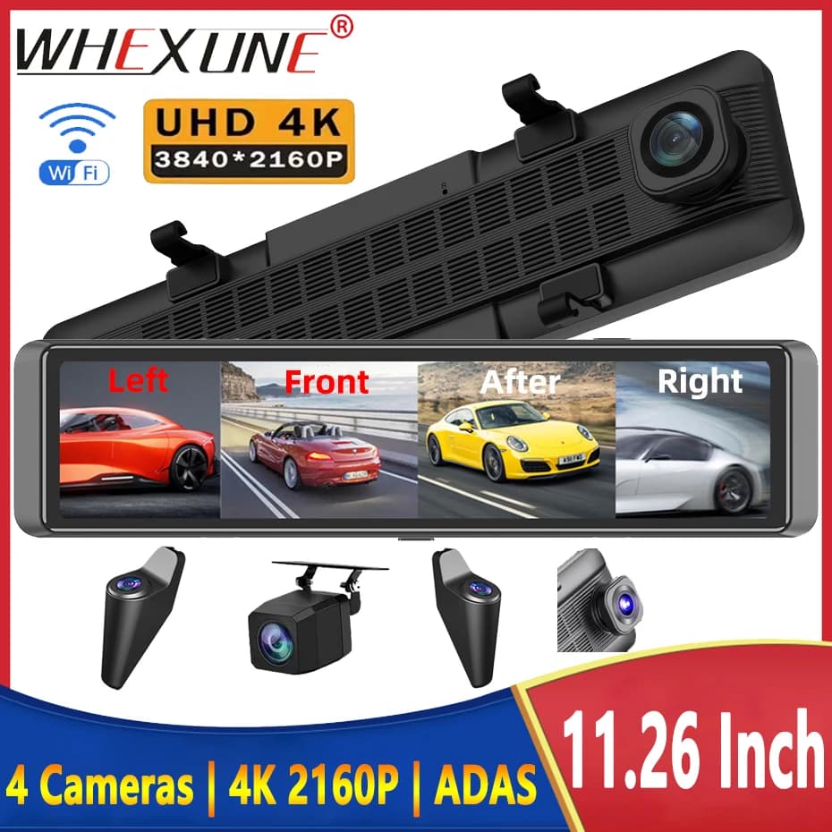 WHEXUNE 4CH Dash Cam 11.26 inch 4K WIFI Rearview mirror 4 cameras DVR ADAS BSD Night vision 24 hours Parking