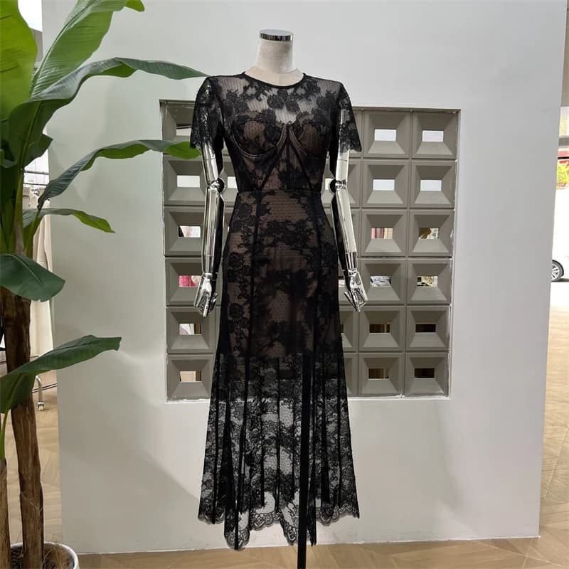 Abito elegante con scollo tondo in pizzo per donna Abbigliamento da ufficio Casual quotidiano 2024 Abito estivo scavato chic alla moda
