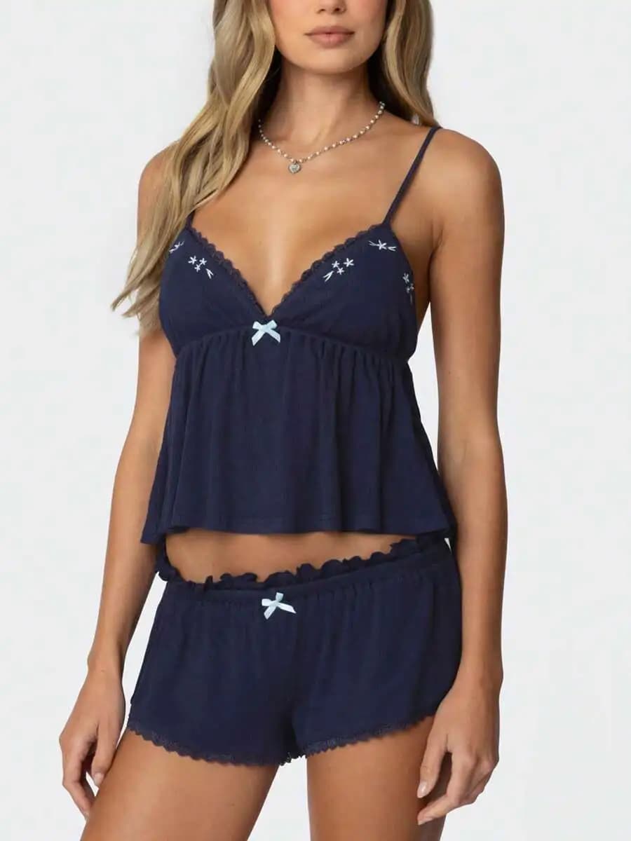 Set pigiama estivo da donna con ricami in pizzo, top a canotta e pantaloncini, abbigliamento da casa