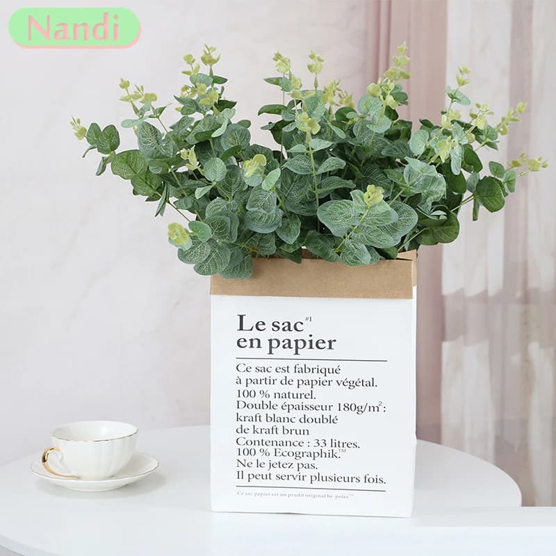 Pianta di plastica artificiale lascia ramo di eucalipto verde vaso da giardino casa decorazione di nozze di Natale fiori finti artificiali
