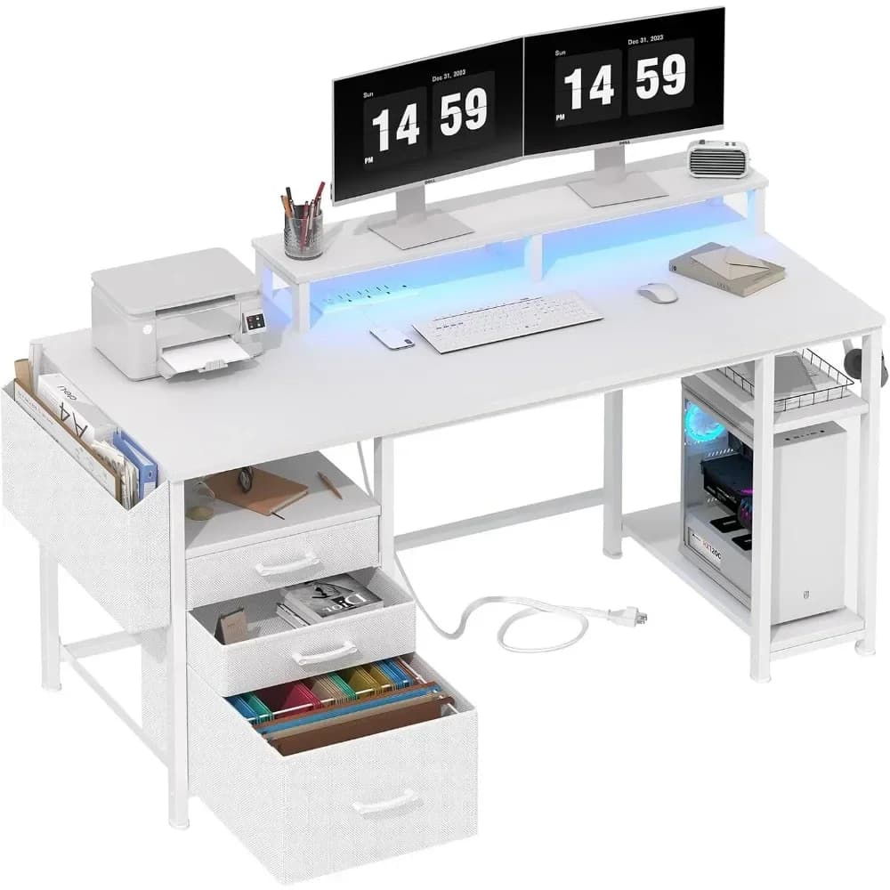 Lufeiya White Computer Desk with Drawer, 55 inch office desk with monitor shelves, writing studio games