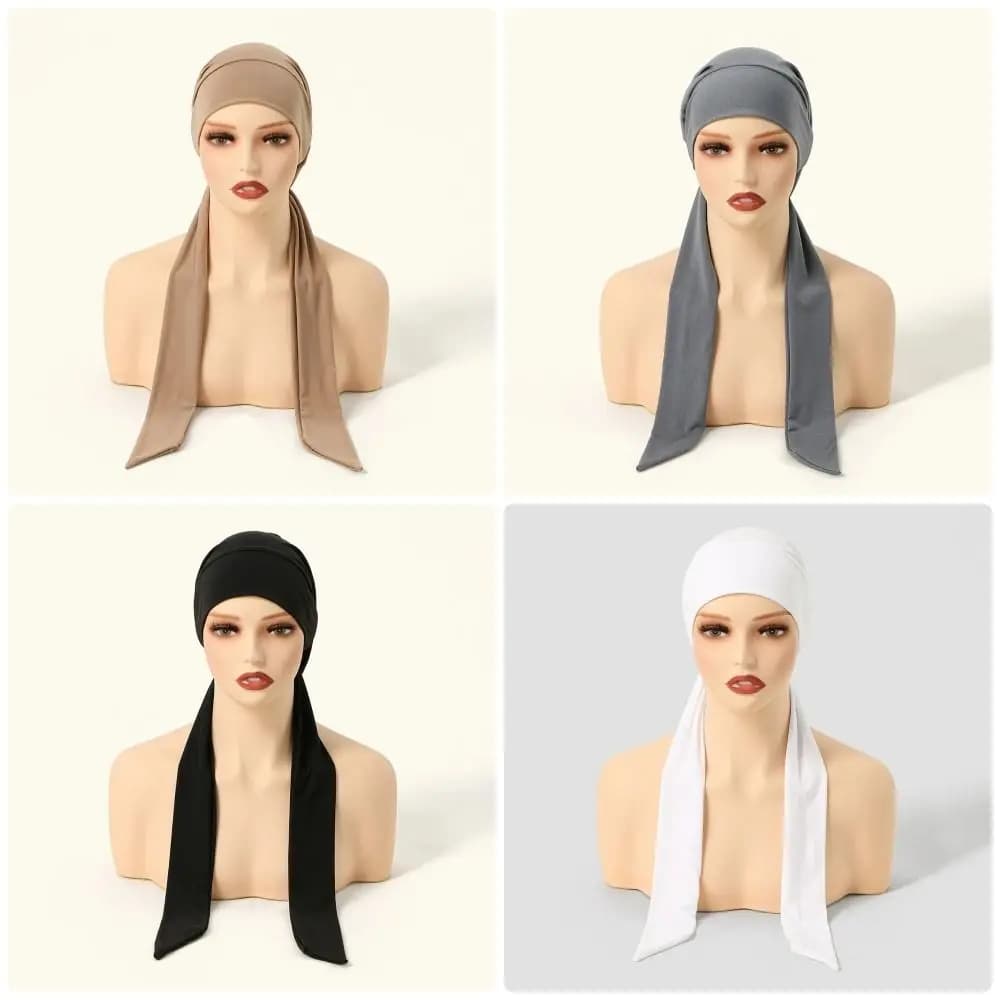 1Pcs New Easy Wear Head Cover Hat Soft Long Tail Ribbon Headscarf 29x23cm Breathable Women Hijab Cap