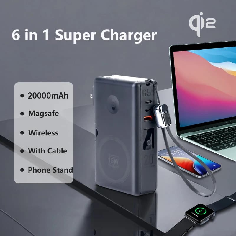 15W Magnetic Wireless Power Bank 65W GaN Wall Charger Qi2 Fast Charging Powerbank for iPhone 16 15 iWatch Samsung Laptop 2000mAh