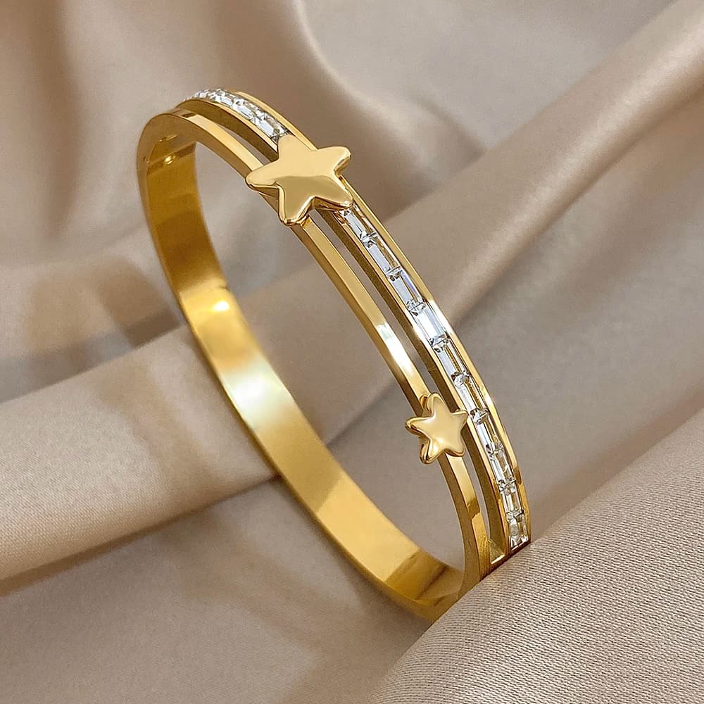 Braccialetti rigidi con stelle in zirconi quadrati alla moda per donna Bracciale impilato in acciaio inossidabile color oro argento impermeabile alla moda