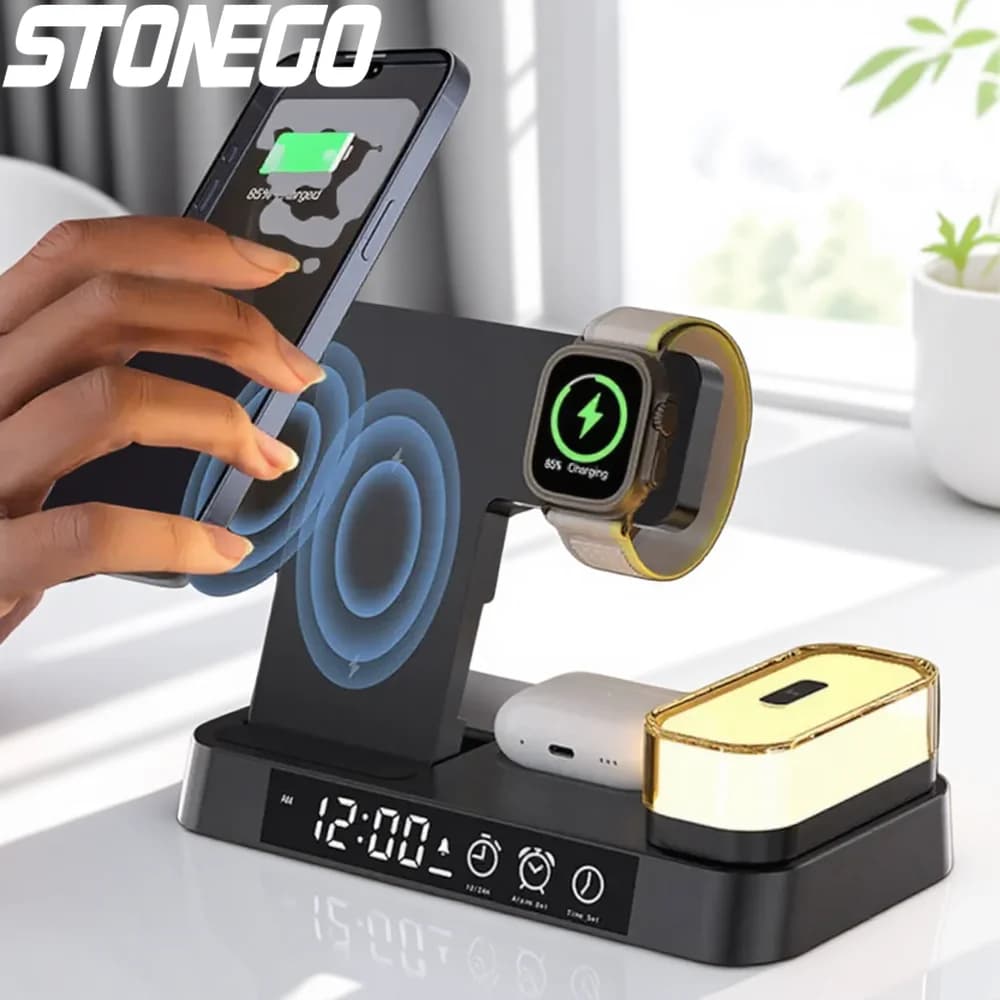 Caricatore Wireless Pieghevole 30W con Orologio e Illuminazione RGB Compatibile con iPhone 13 12 Pro Max Apple Watch 7 6 AirPods Pro Ricarica Rapida