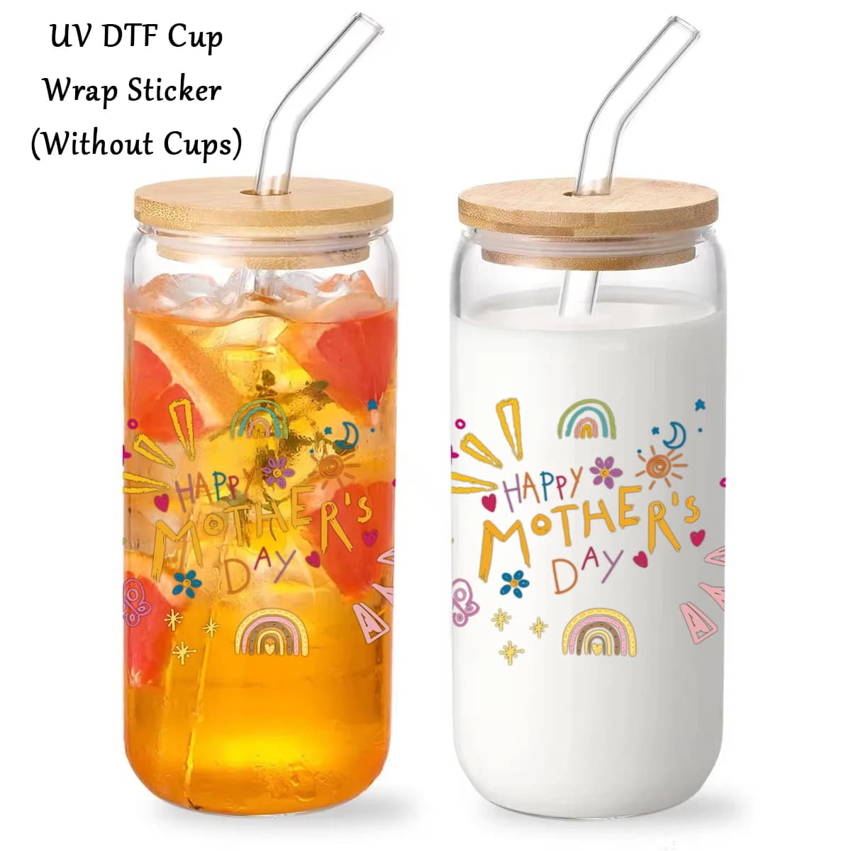 DTF UV Cup Sticker, rainbow floral design for mom's party, for glass jars, cups, water bottles, gift decoration for mom's party