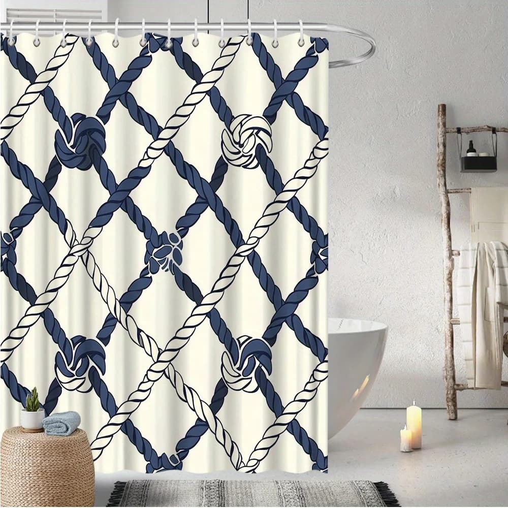 Tenda da doccia in corda nautica da 1 pezzo, griglia di diamanti blu scuro e bianco su crema, poliestere, 12 ganci, elegante arredamento per il bagno