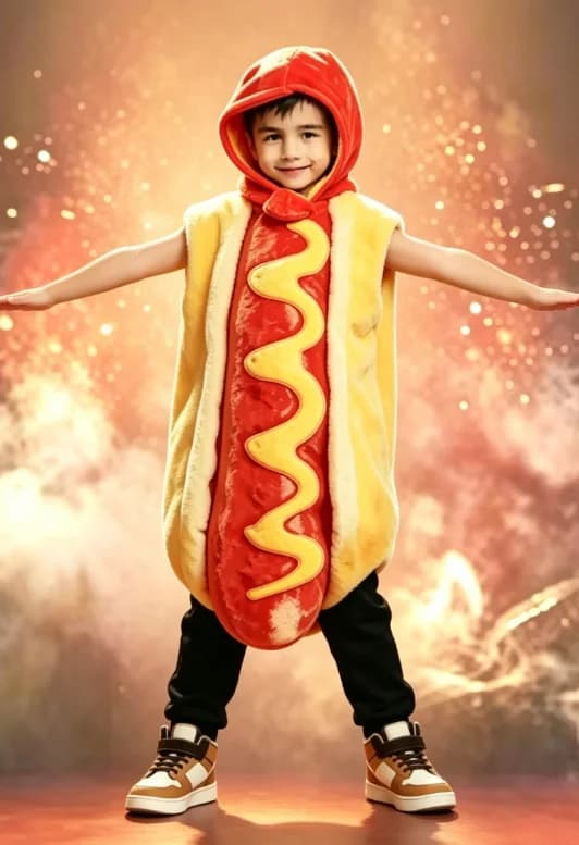 Kids 3D Print Hot Dog Tunic Costume with Integrated Hood for Funny Party