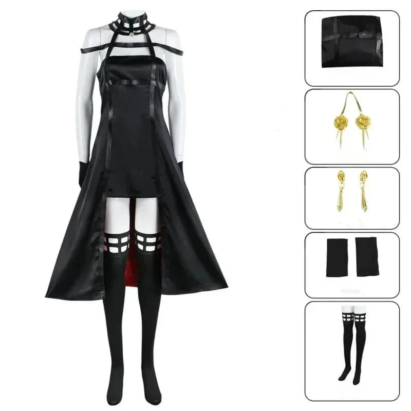 New 2026 Anime Spy X Family Forger Cosplay Gothic Halter Black Dress Leather Stockings Outfit Yor Earring Wig Wome COS