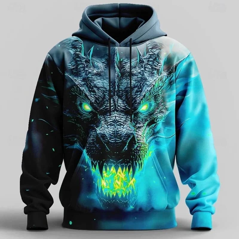 Flame Dragon Graphic Hoodie For Men Cool Animals 3D Printed Sweatshirt Autumn Casual Pullover Unisex Long Sleeve Hoodies Tops