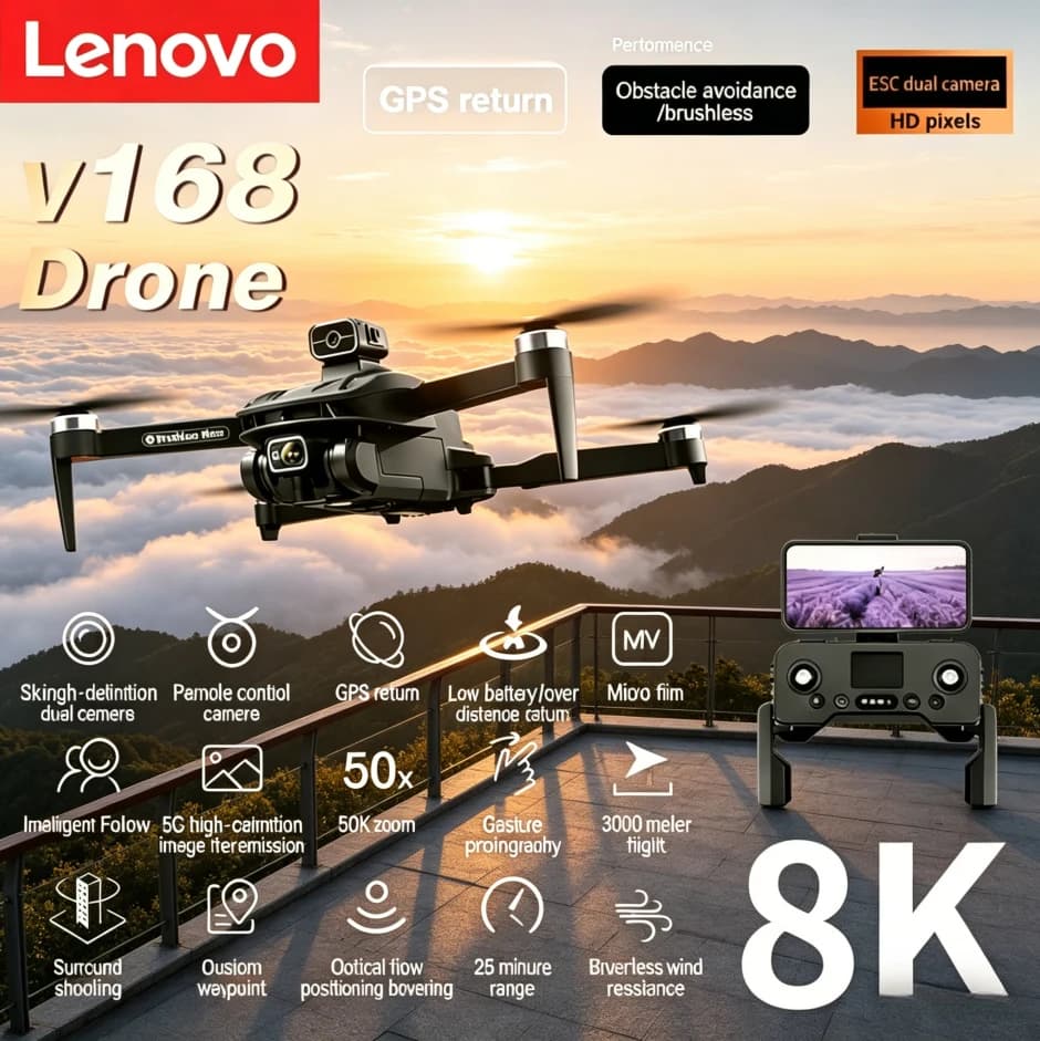 Drone Professionale Lenovo V168 GPS 8K con Tre Telecamere Grandangolari, Localizzazione Ottica e Sistema di Evitamento Ostacoli a Quattro Vie