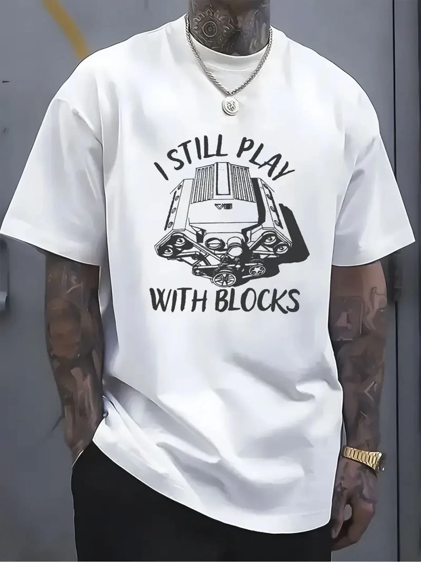 T-shirt da uomo in cotone 100% con gioco ancora con blocchi T-shirt casual con stampa grafica Tessuto morbido Modello divertente Stile streetwear