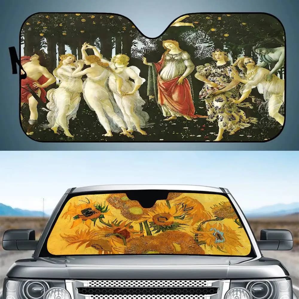 Parabrezza per auto con pittura classica di fama mondiale, divertente parasole pieghevole per raggi UV, protezione per visiera parasole per finestrino anteriore