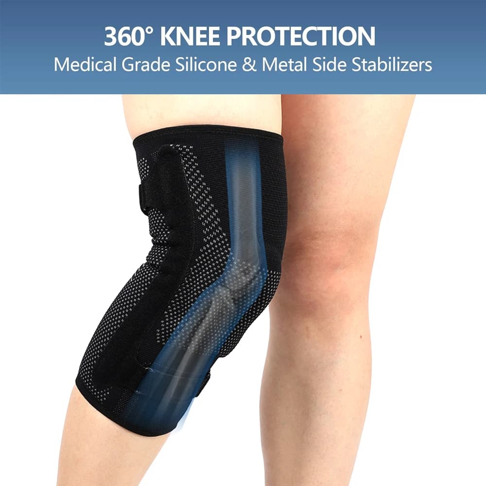 Supporto per Ginocchio con Compressione e Stabilizzatori Metallici Laterali, Fascia per Tendine Rotulee, per Lesioni al Menisco, Artrite, Sport