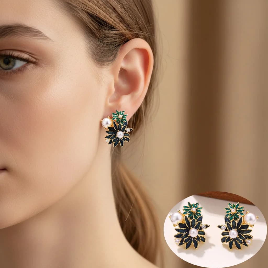 Orecchini a Perno con Fiori Smaltati Dipinti a Mano con Perle Simulate e Zirconi - Gioielli da Donna alla Moda per Uso Quotidiano