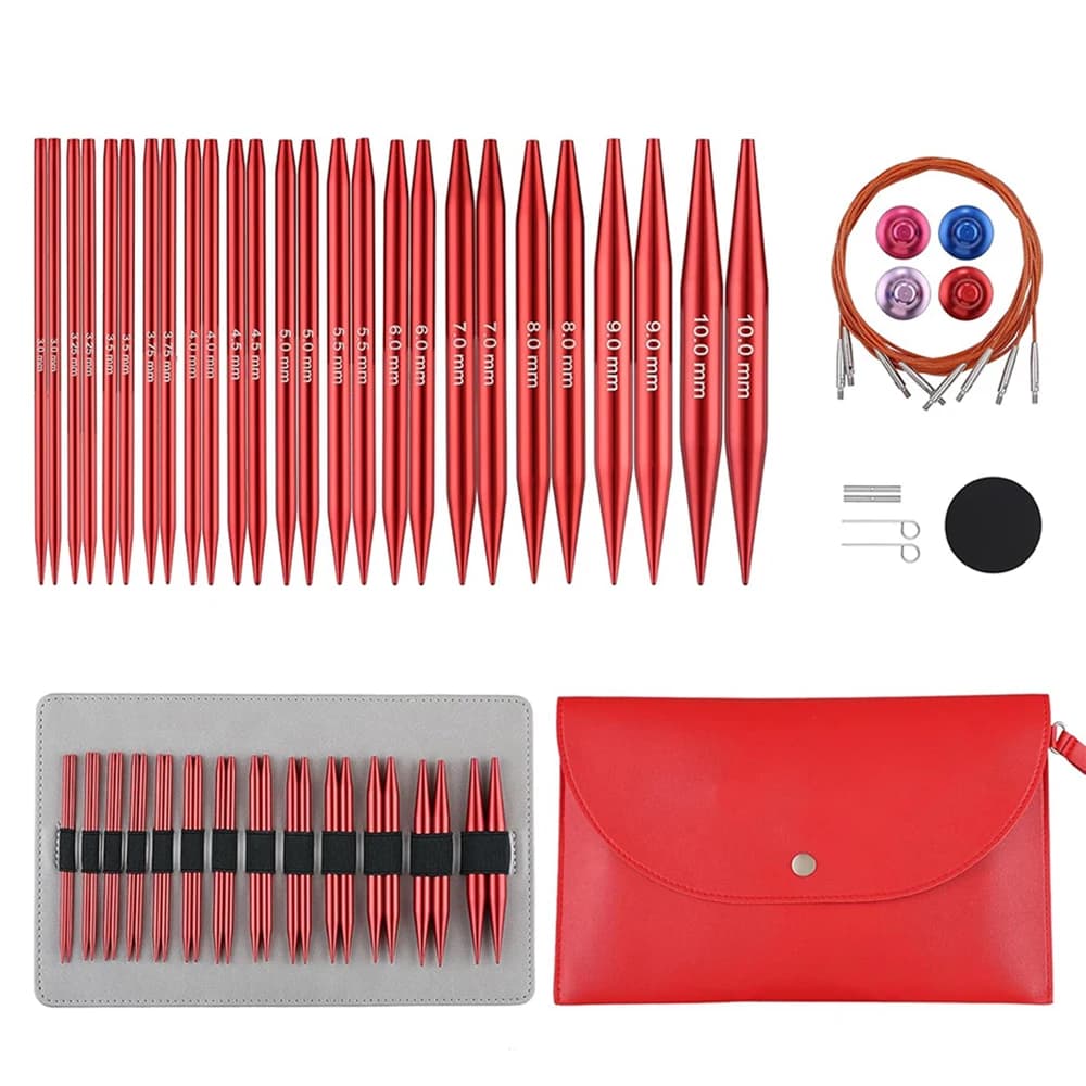Red Interchangeable Circular Knitting Needles Set 4-Inch 3.0-10.0mm 13Pair of Metal Circular Needles 4 Cables Accessories & Case