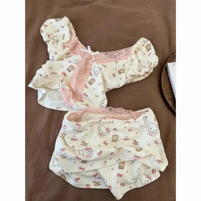 Pigiama Estivo Hello Kitty Pure Lust Style per Donna, Nuovo Completo Slim con Maniche Corte e Pantaloncini, Abbigliamento da Casa con Motivi Cartoon