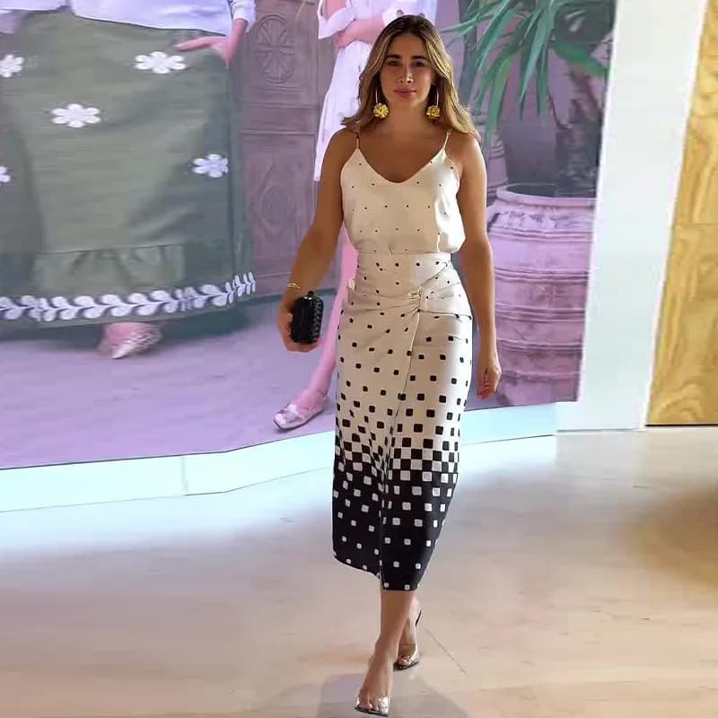 Elegant Women Dot Print Skirt Two Piece Set Sexy Celebrity Strap Shirt Tank Top Bodycon Skirt Suit Office Lady Slim Outfits