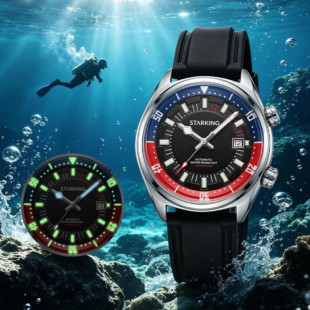 STARKING Orologio subacqueo automatico da uomo 10ATM Orologio meccanico luminoso da uomo Orologio da polso impermeabile per nuoto e immersioni Cinturino in silicone