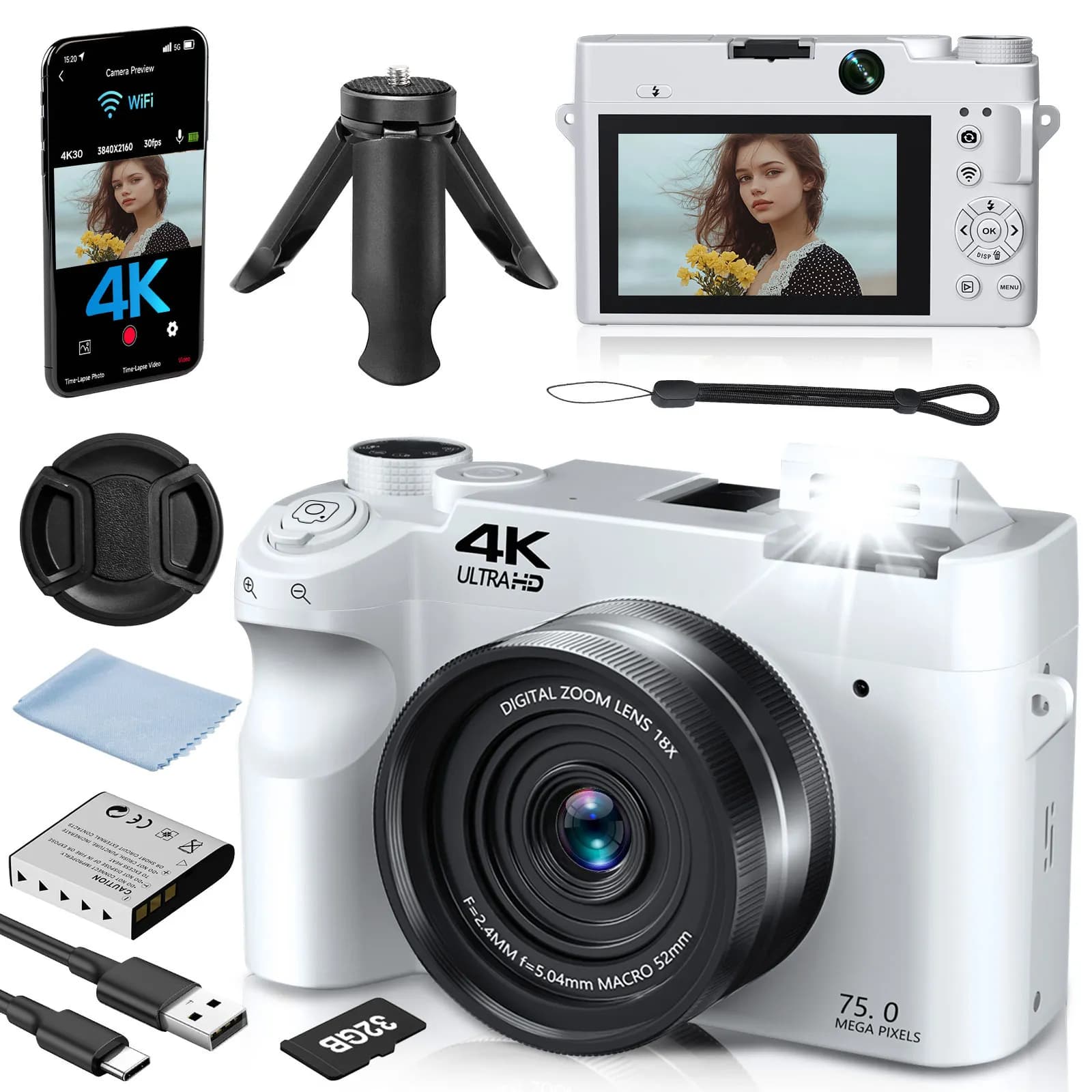 Fotocamera digitale 4K - 75MP anteriore e posteriore con messa a fuoco automatica e anti-vibrazione, fotocamera selfie Vlogging da 3", flash ultra luminoso, zoom 18X