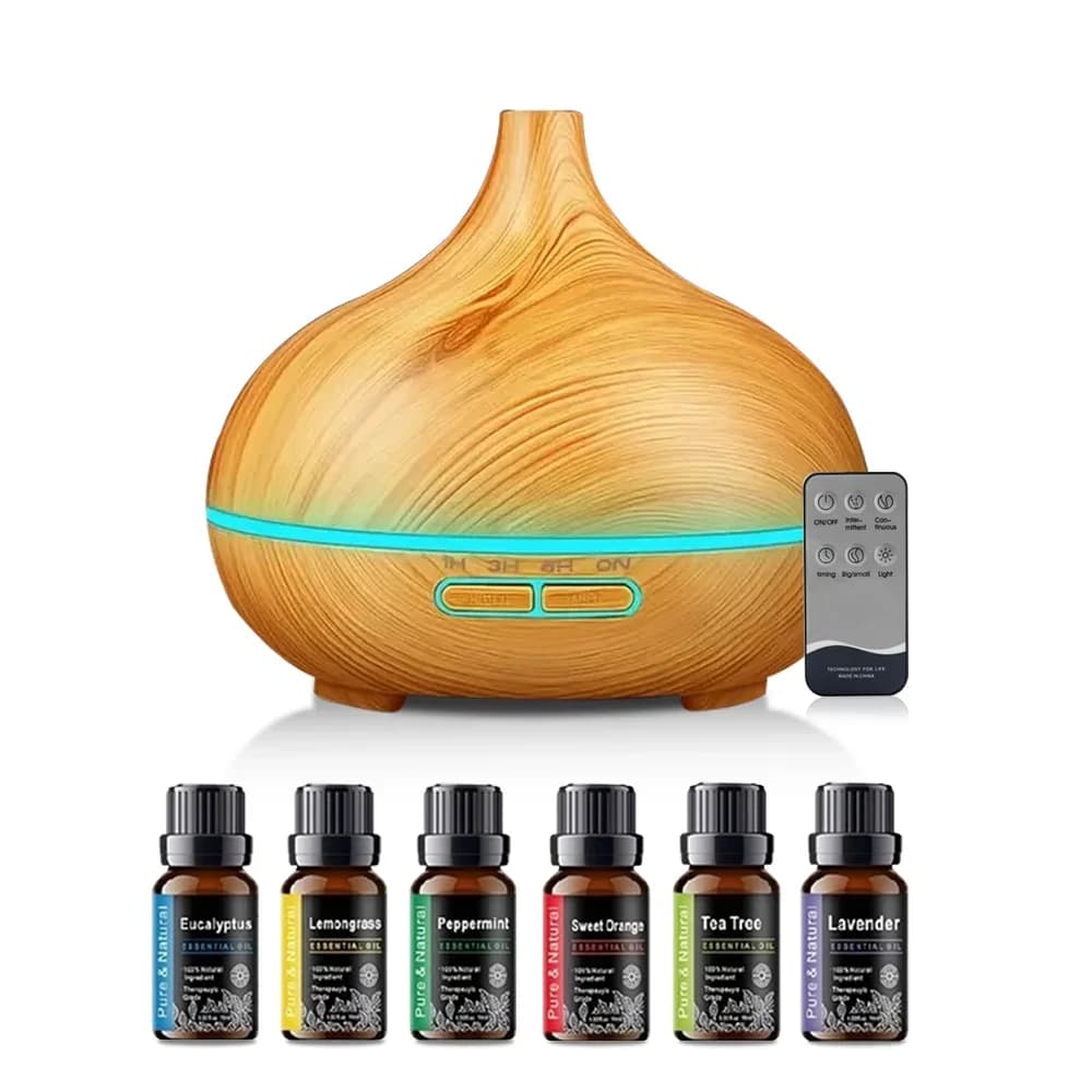 Diffusore di aromi ad ultrasuoni da 550 ml e umidificatore d'aria con diffusore di oli essenziali, macchina per aromaterapia con venature del legno, telecomando, 7