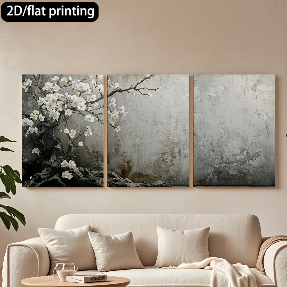 Set of 3 Decorative Paintings on Canvas with Wooden Frame, Refined Flower Tree, Texture Effect Wall. Corridor and Bedroom Decoration