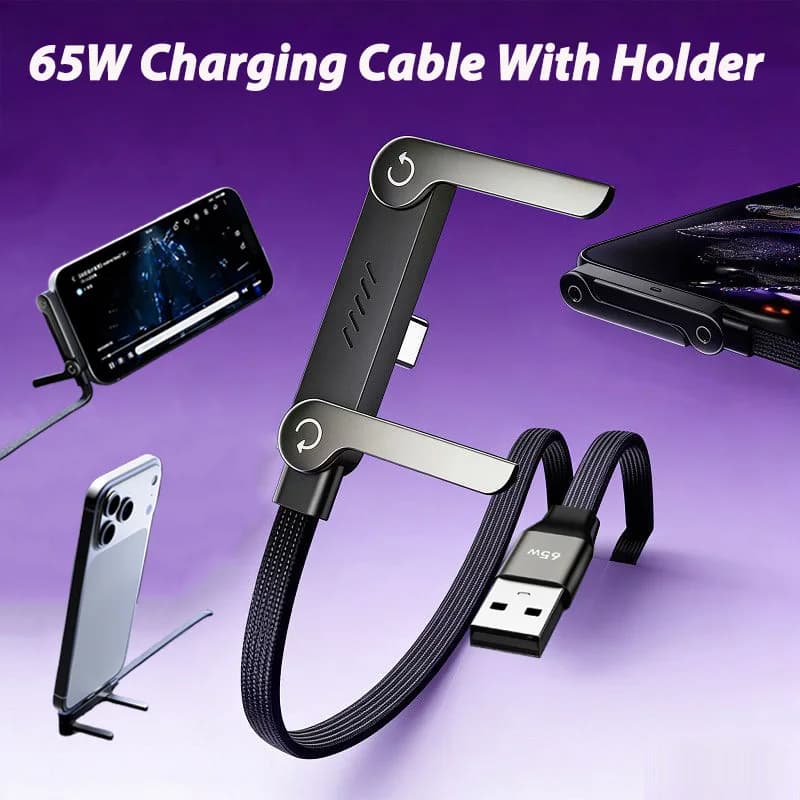 65W USB Quick Charging Cable with 2-in-1 Foldable Phone Support, Quick Charging Type-C Data Cable, USB C Charging Cable for Mobile