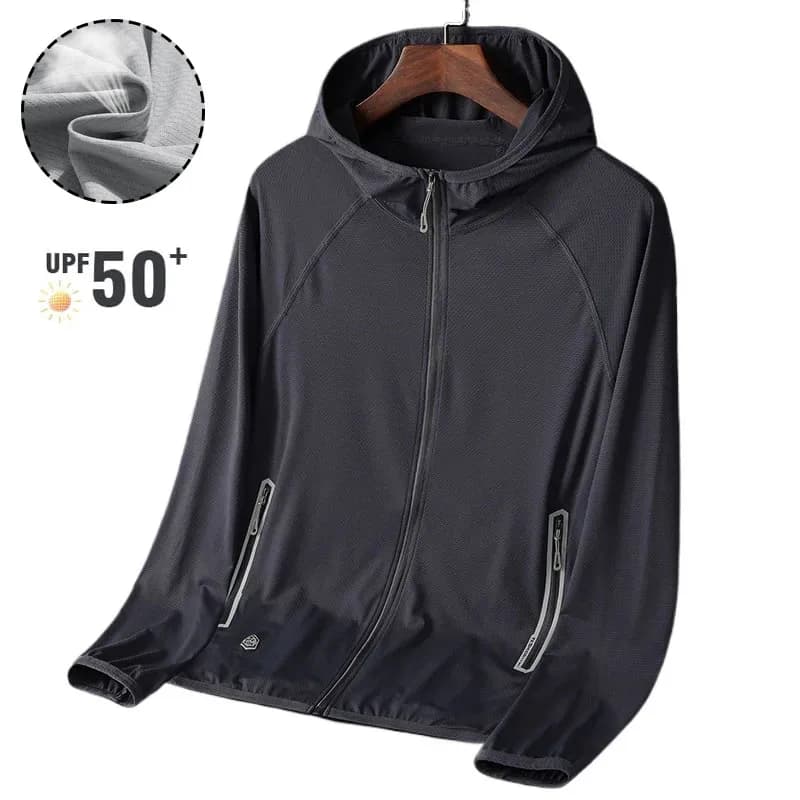 Giacca estiva da uomo con cappuccio per protezione solare UPF 50+, leggera, traspirante, con zip, tinta unita, per corsa all'aperto, fitness, cappotto casual