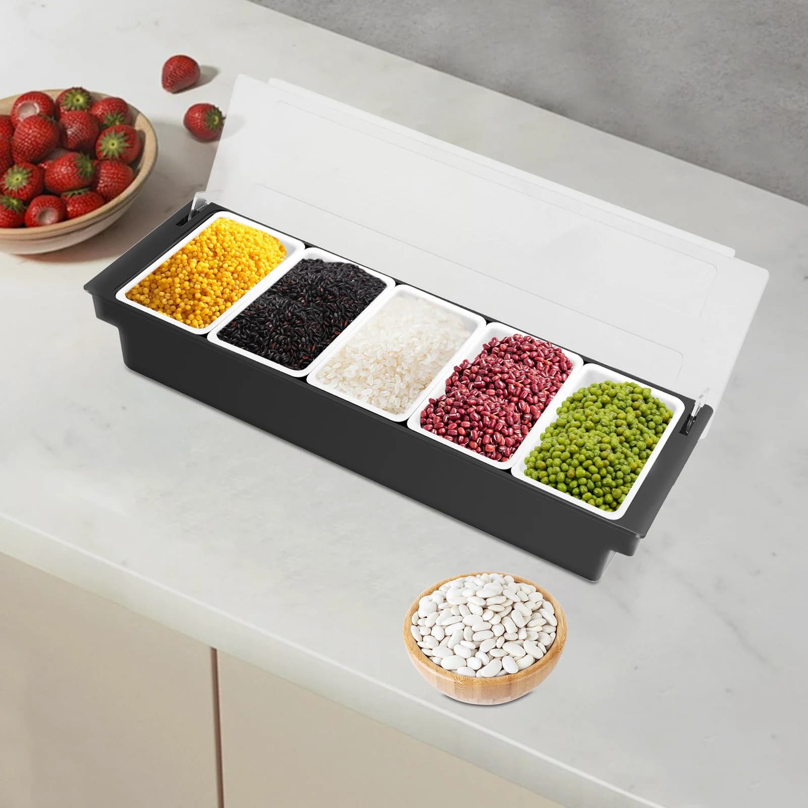 Contenitore per Frutta in Plastica a 5 Scomparti, Scatola di Stoccaggio in ABS, Organizzatore a 5 Scomparti per Cucina, Preparazione Pasti, Dispenser Portatile per Condimenti