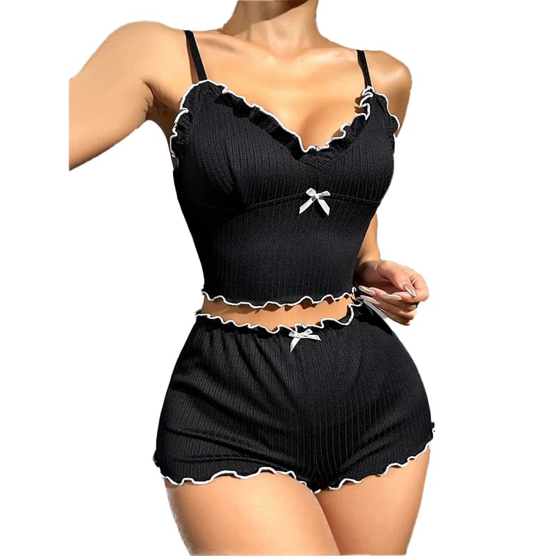 Sexy summer women's casual pajamas set in two pieces in ribbed fabric with black V neckline and shorts