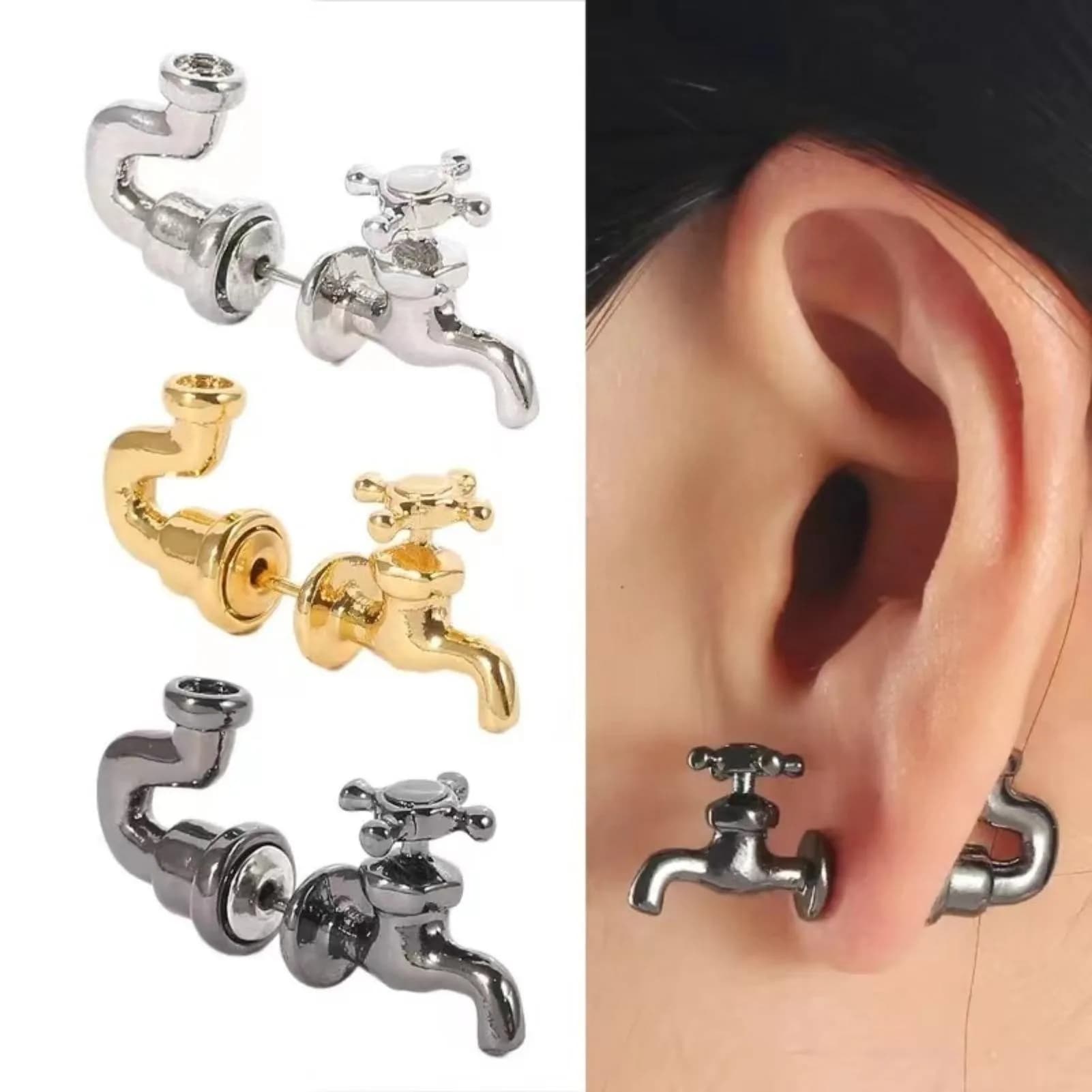 Orecchini a bottone con rubinetto per acqua 3D, stile punk, piercing per uomini e donne, divertenti gioielli creativi per l'orecchio