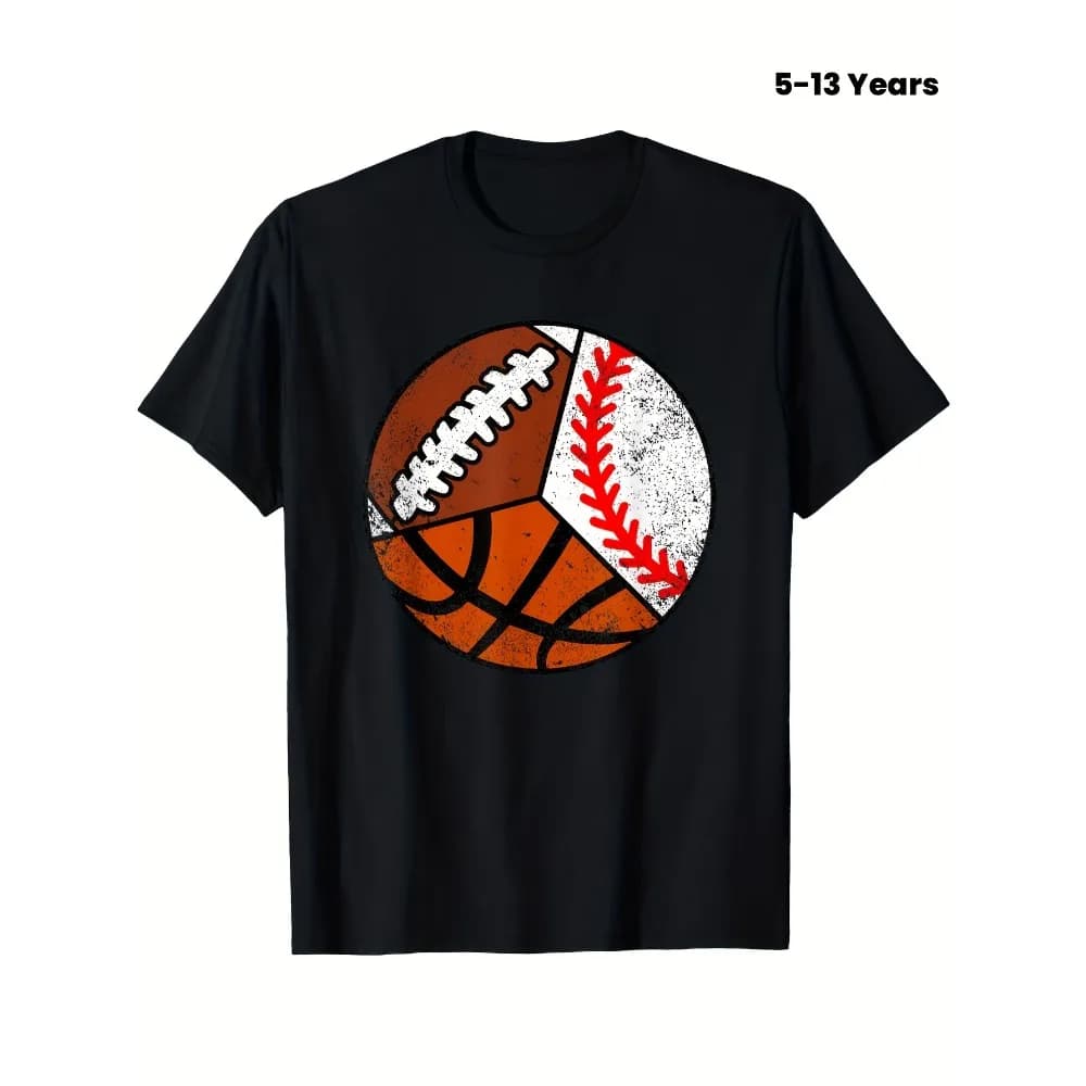 Sports Ball Graphic T-Shirt - American Football, Baseball, Basketball Split-design in Brown/Red/White - Soft Breathable Cotton