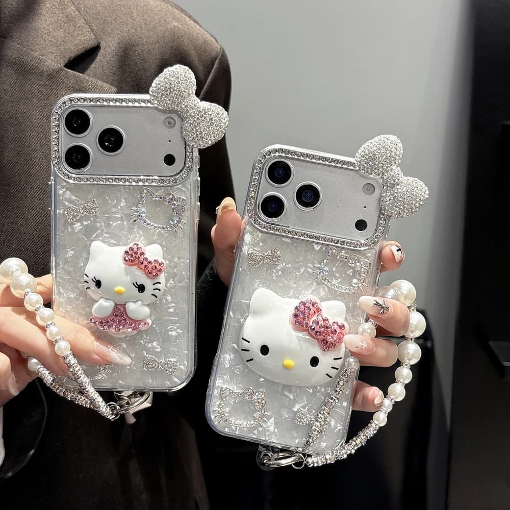 Custodia per telefono antiurto rigida con glitter e strass a tema cartone animato Sanrio Hello Kitty per iPhone 17 16 15 14 13 12 11 Pro Max