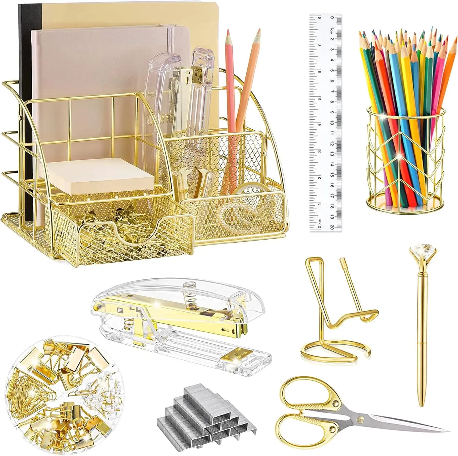 Set Organizer da Scrivania Dorato con Graffettatrice, Portapenne, Supporto Telefono, Forbici, Righello, Clip e Graffette