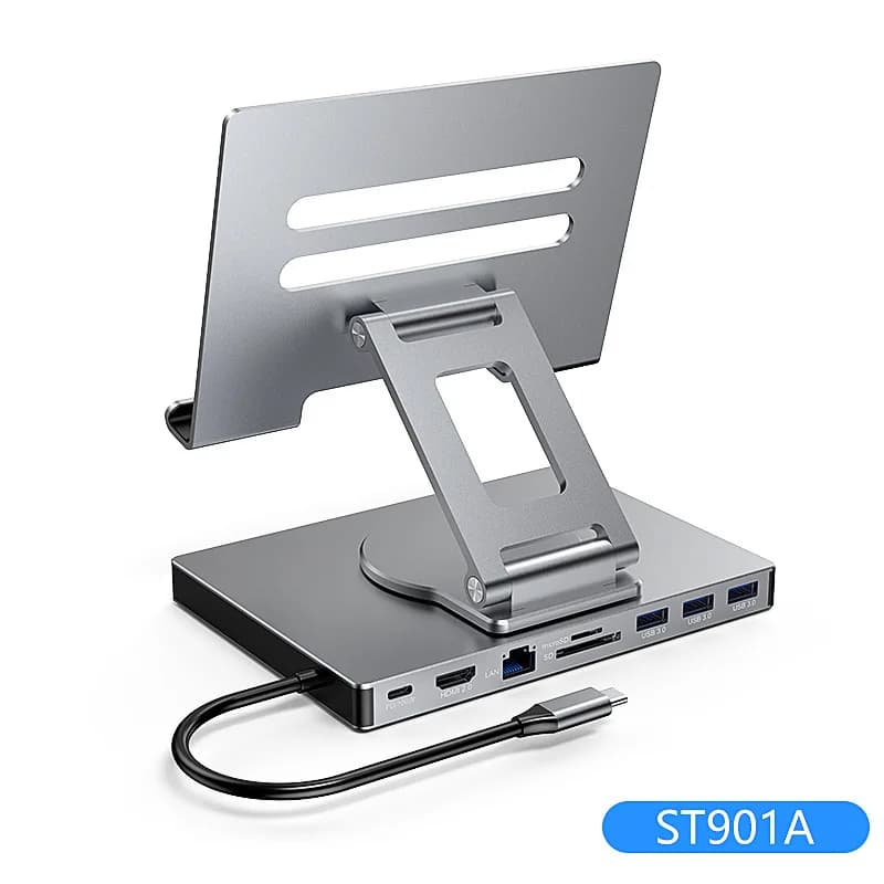 Supporto per Tablet con Docking Station, Rotante e Pieghevole, Hub HDMI Gigabit Ethernet USB3.0, Adattatore di Espansione Multi-Porta