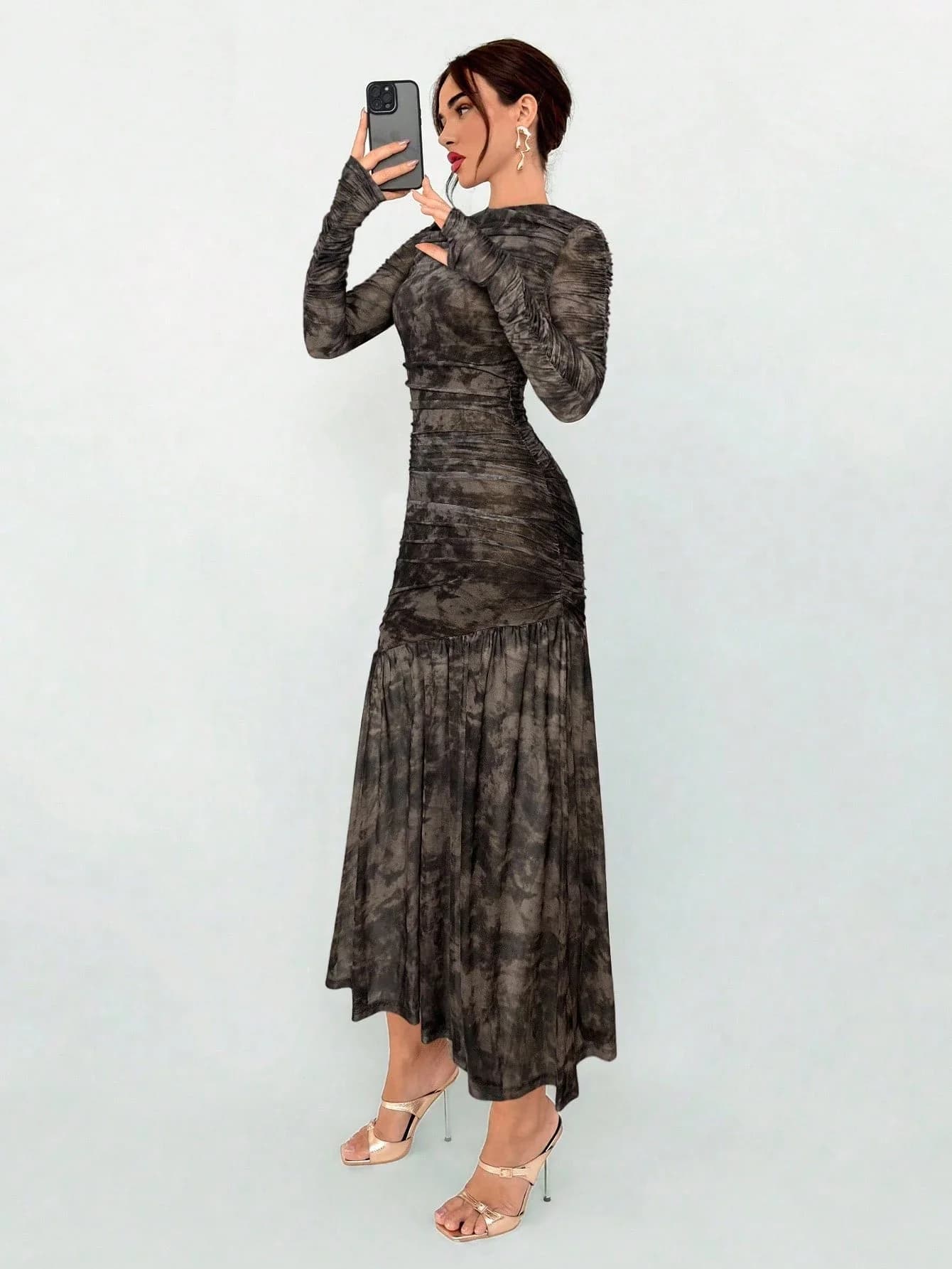 Women's long-sleeved dress, autumn winter, elegant, plain color