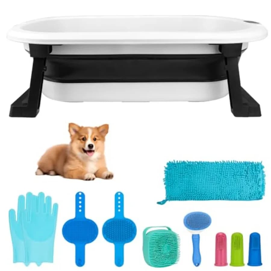 Kit per il lavaggio e il bagno del cane - Include vasca pieghevole per animali domestici con tappo di scarico dell'acqua, spazzola per la pulizia, spazzola per shampoo per cani