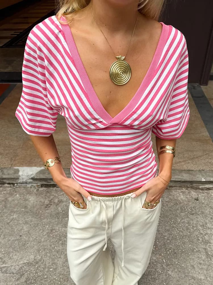 Sibybo Top da donna sexy con scollo a V profondo, stampa a righe, patchwork, mezza manica, vita stretta, top corto, abbigliamento streetwear slim Y2K