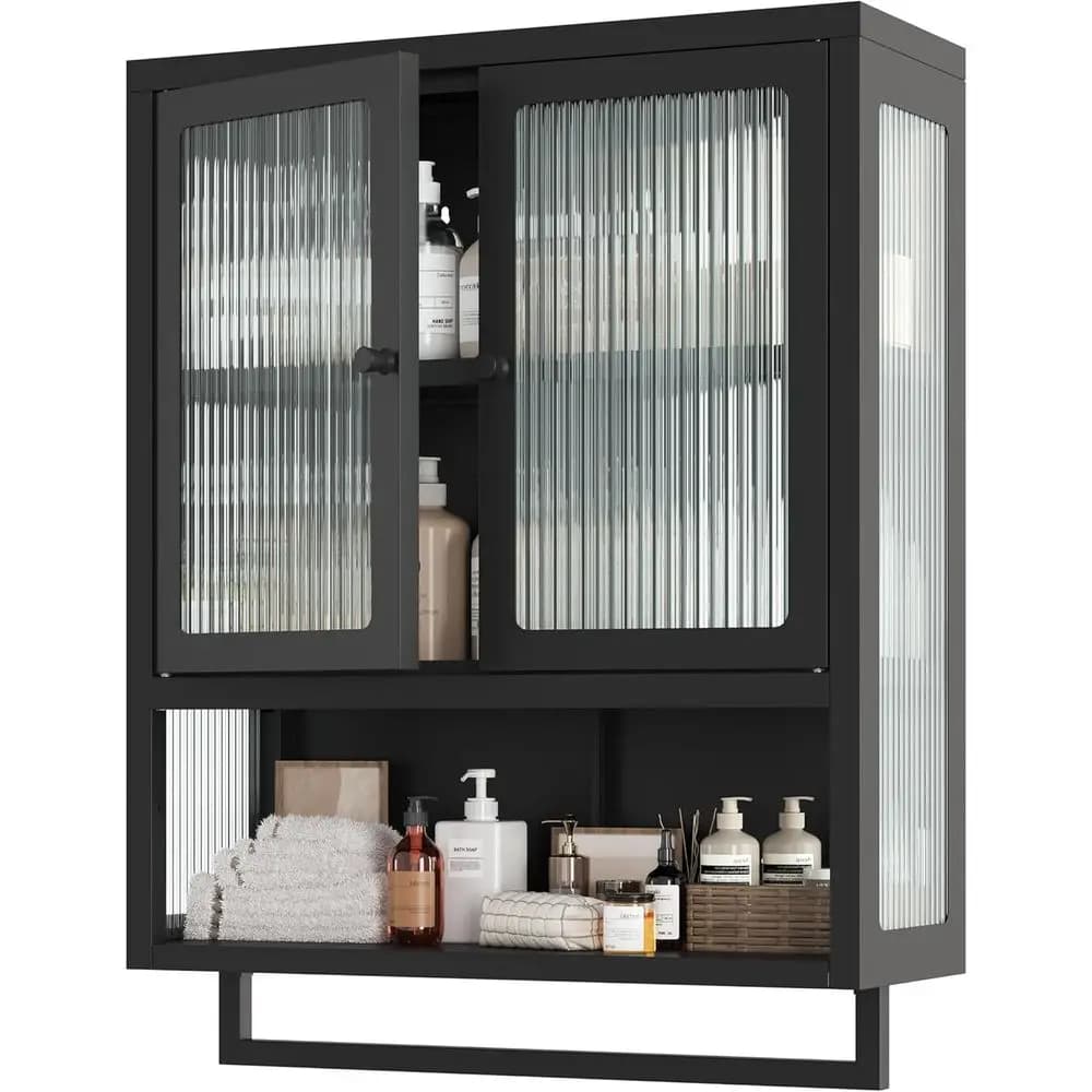 Mobiletto Salvaspazio da Bagno, Sopra il WC, in Metallo da Parete, con 2 Ante in Vetro e Porta Asciugamani per Bagno, Lavanderia, Cucina