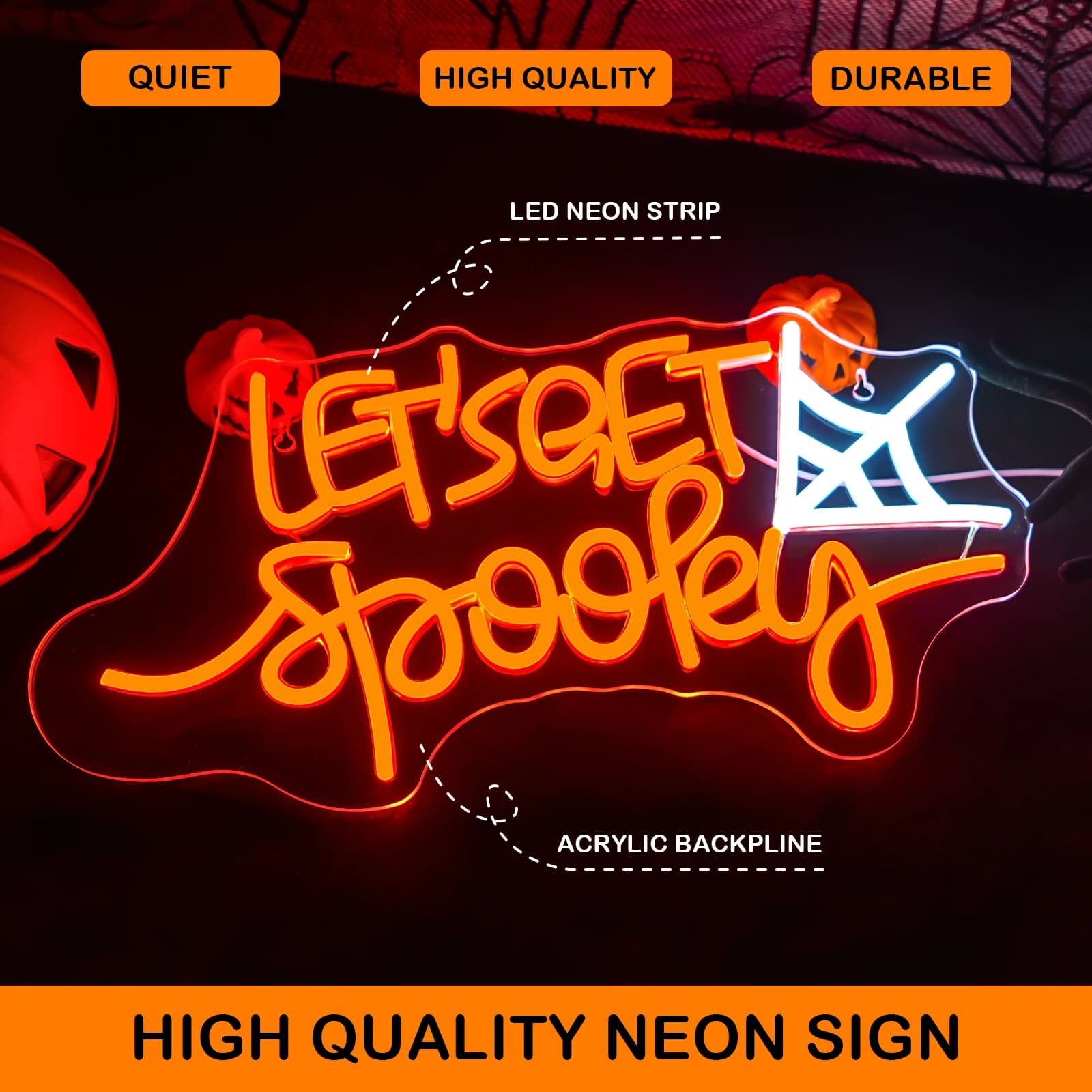 Let's Get Spooky Insegna al neon USB dimmerabile illuminata per la decorazione della parete per la camera da letto della festa di Halloween Caverna dell'uomo Finestre