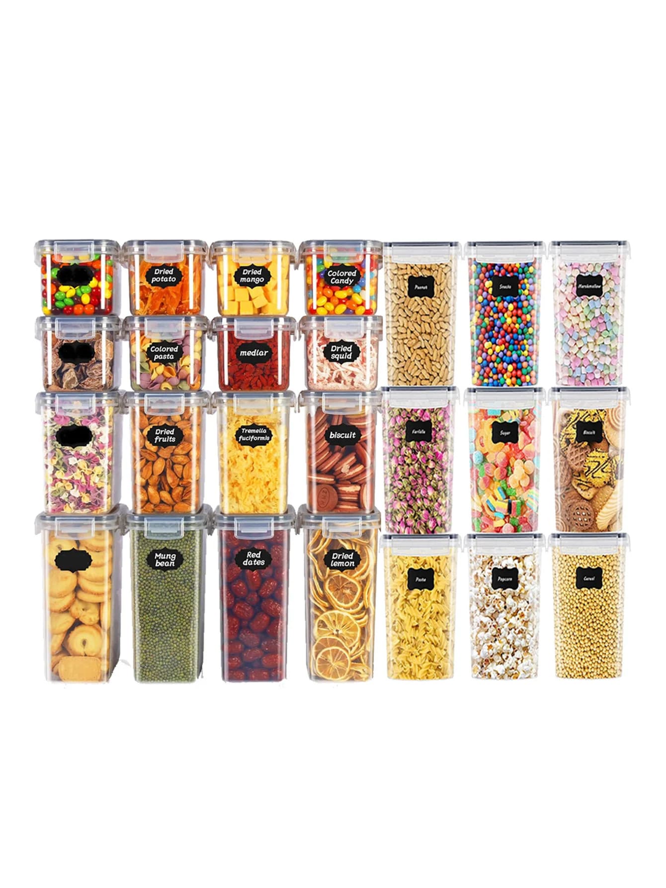 48 sealed containers for food preservation with LIDS, plastic kitchen pan, lactose dry load jars, cereals, flour, sugar, labeled