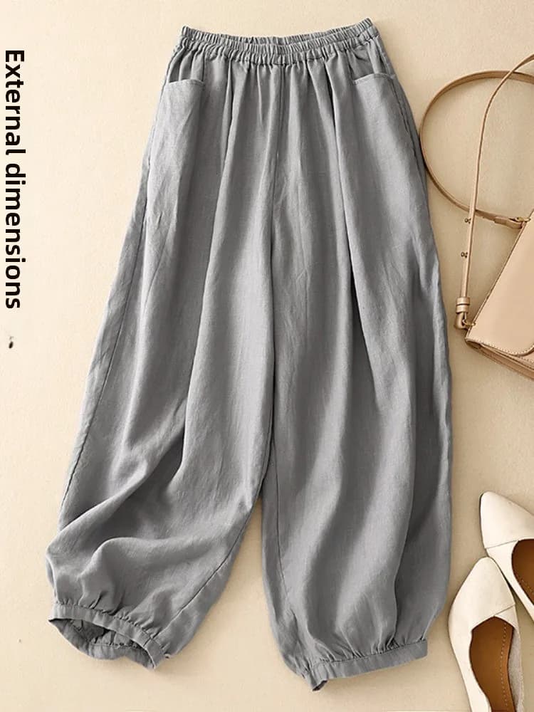Pantaloni Estivi Sottili in Cotone e Lino da Donna, a Vita Elastica, Taglie Grandi, che Nascondono le Imperfezioni, Casual, a Gamba Larga, in Lino