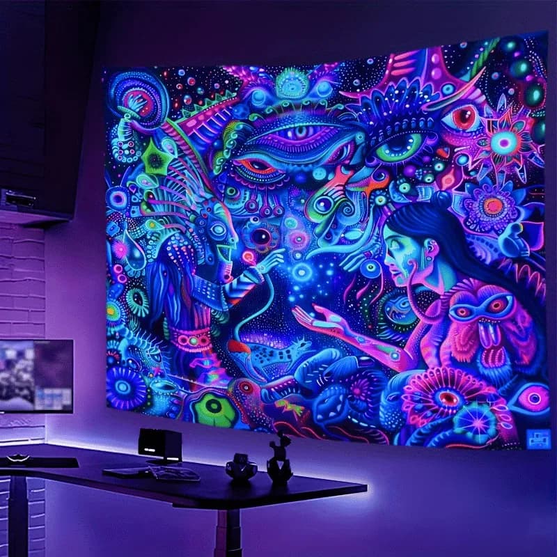 Psychedelic Pattern and Figure Neon Tapestry,UV tapestry wall hanging bedroom home party decoration